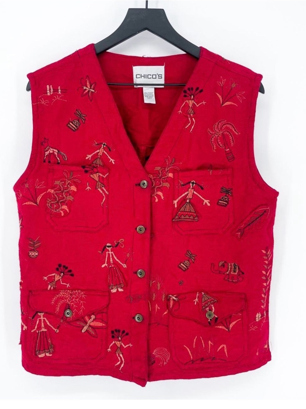 Chicos Red Embroidered Global Art Vest Elephant Figures Textured Sz Medium